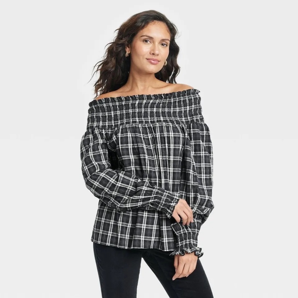 Universal Thread Charcoal Plaid Smocked Long Sleeve Blouse Size XXL
